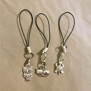 Silver Owl, Cat & Turtle Charm Phone Straps - Black Cord